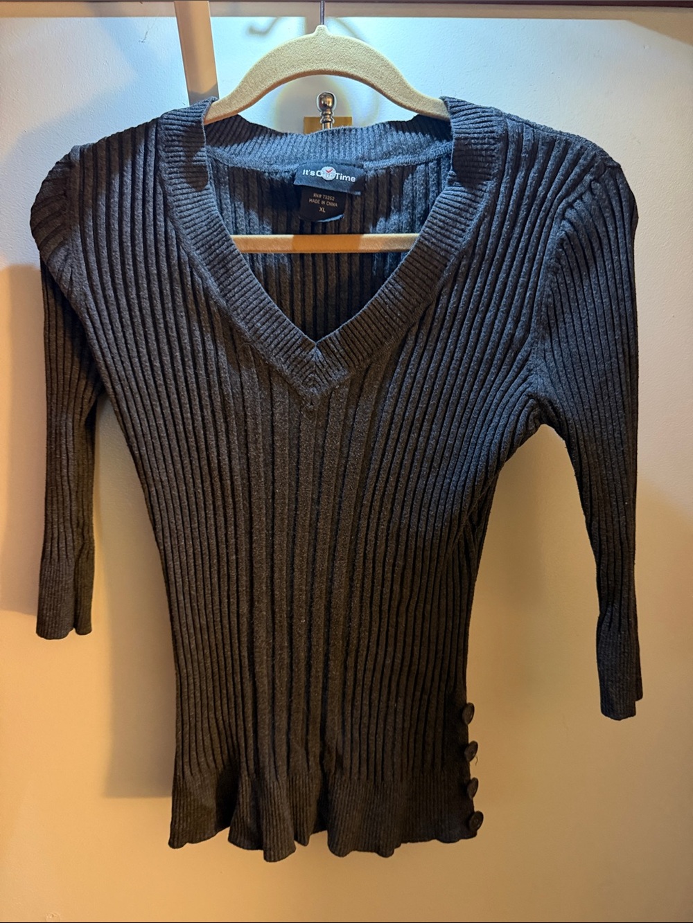 ITS OUR TIME Ribbed V-Neck Brown Women’s Sweater